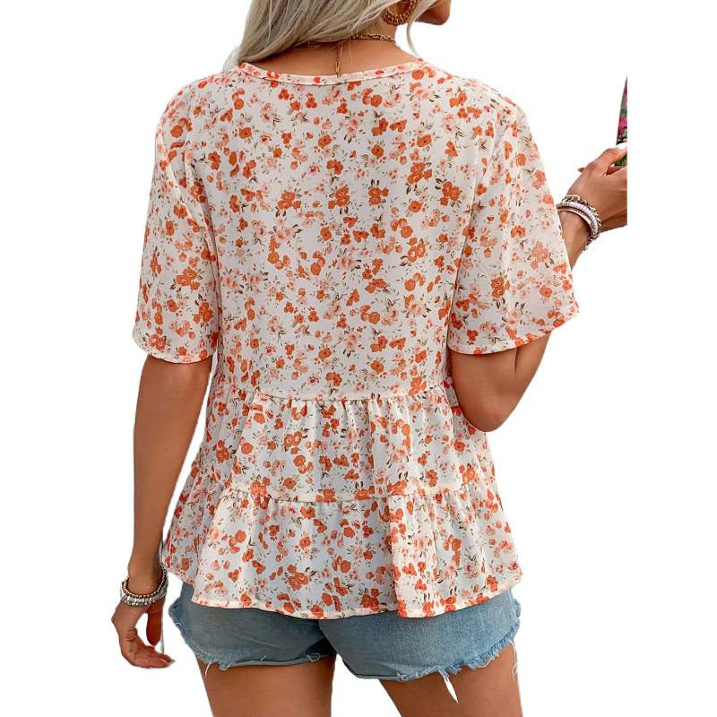 Damebluse med flæse-snit og blomsterprint Skovae