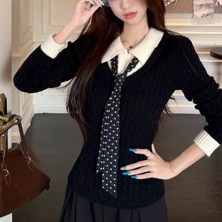 Kvinders Ribbet Strik Sweater med Skjorte Krave og Slips Stilla