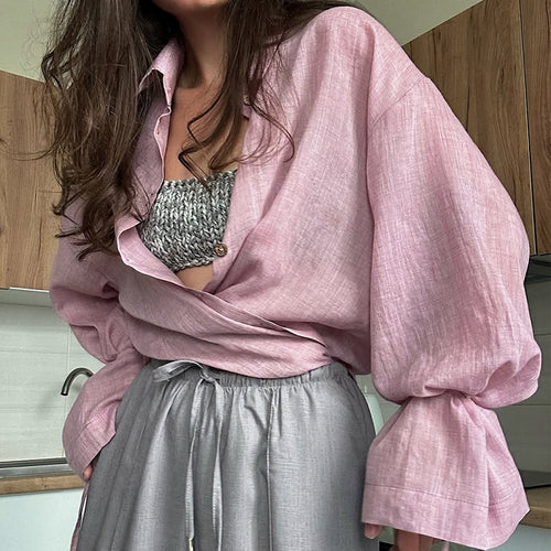 Dame afslappet oversized bluse med bælte og voluminøse ærmer Stilla