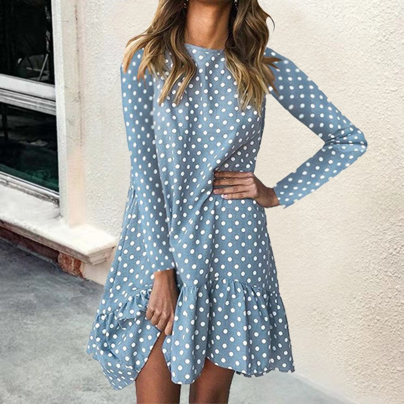 Dame Retro Polka Dot Kjole med Flæsekant og Lange Ærmer Stilla