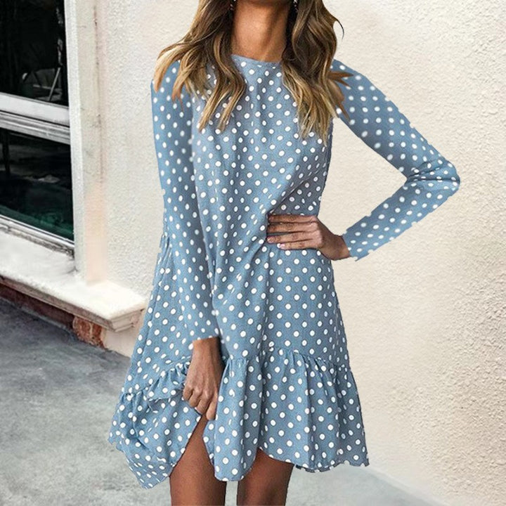 Dame Retro Polka Dot Kjole med Flæsekant og Lange Ærmer Stilla