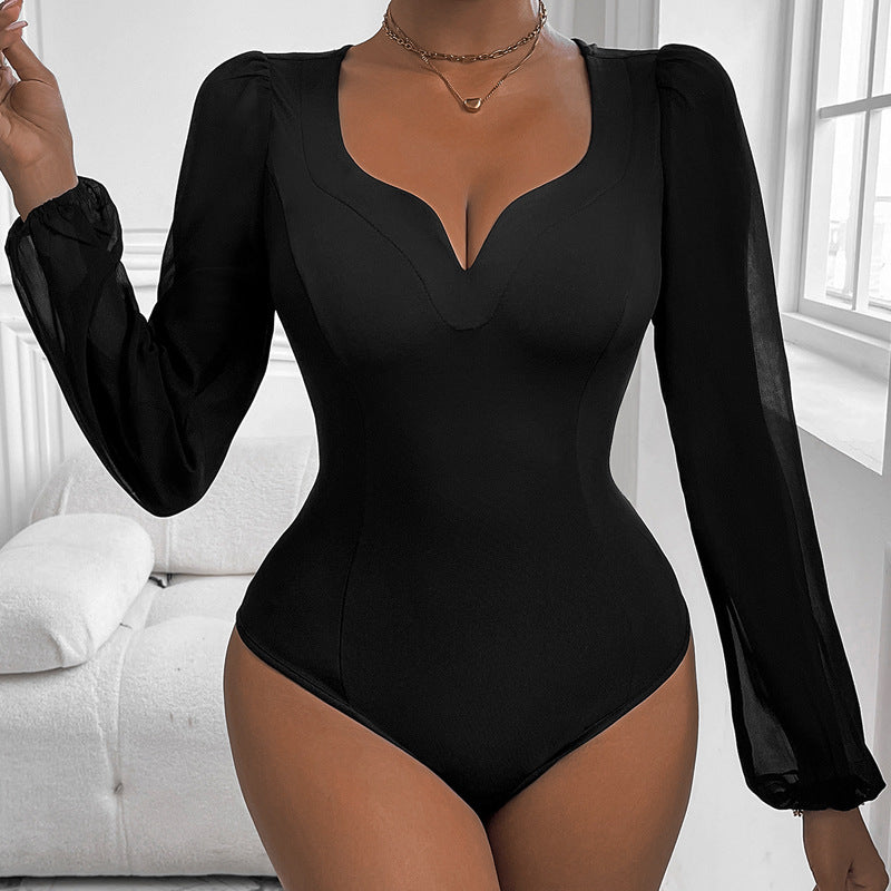 Dame Elegant Bodystocking med romantiske pufærmer og V-udskæring Stilla