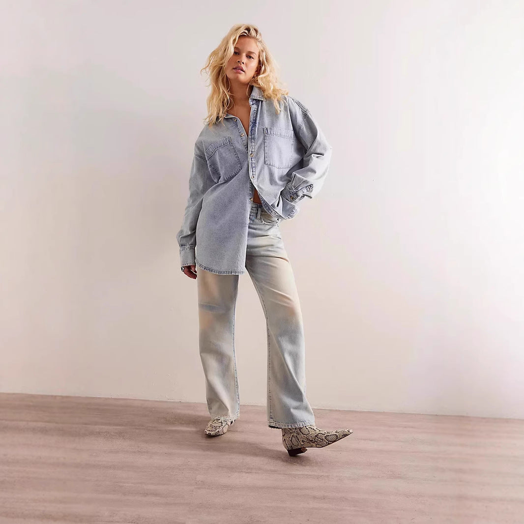 Dame Oversized Denim-Skjortejakke med praktiske lommer og moderne design Stilla
