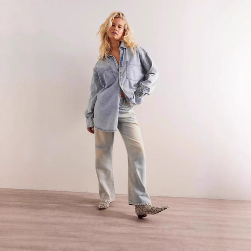 Dame Oversized Denim-Skjortejakke med praktiske lommer og moderne design Stilla