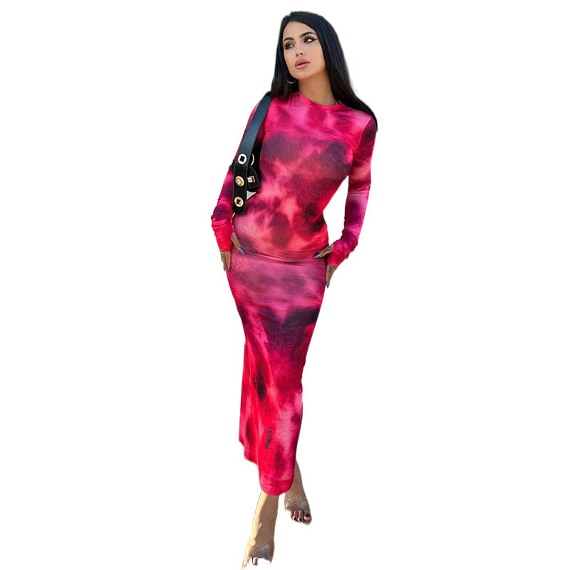 Dame Bodycon Langærmet Midi Kjole med Kunstnerisk Tryk Stilla