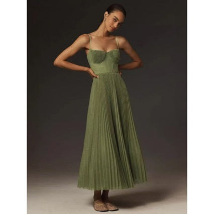 Kvinders Plisseret Maxi Kjole med Bustier Top og Uformet Nederdel Skovae