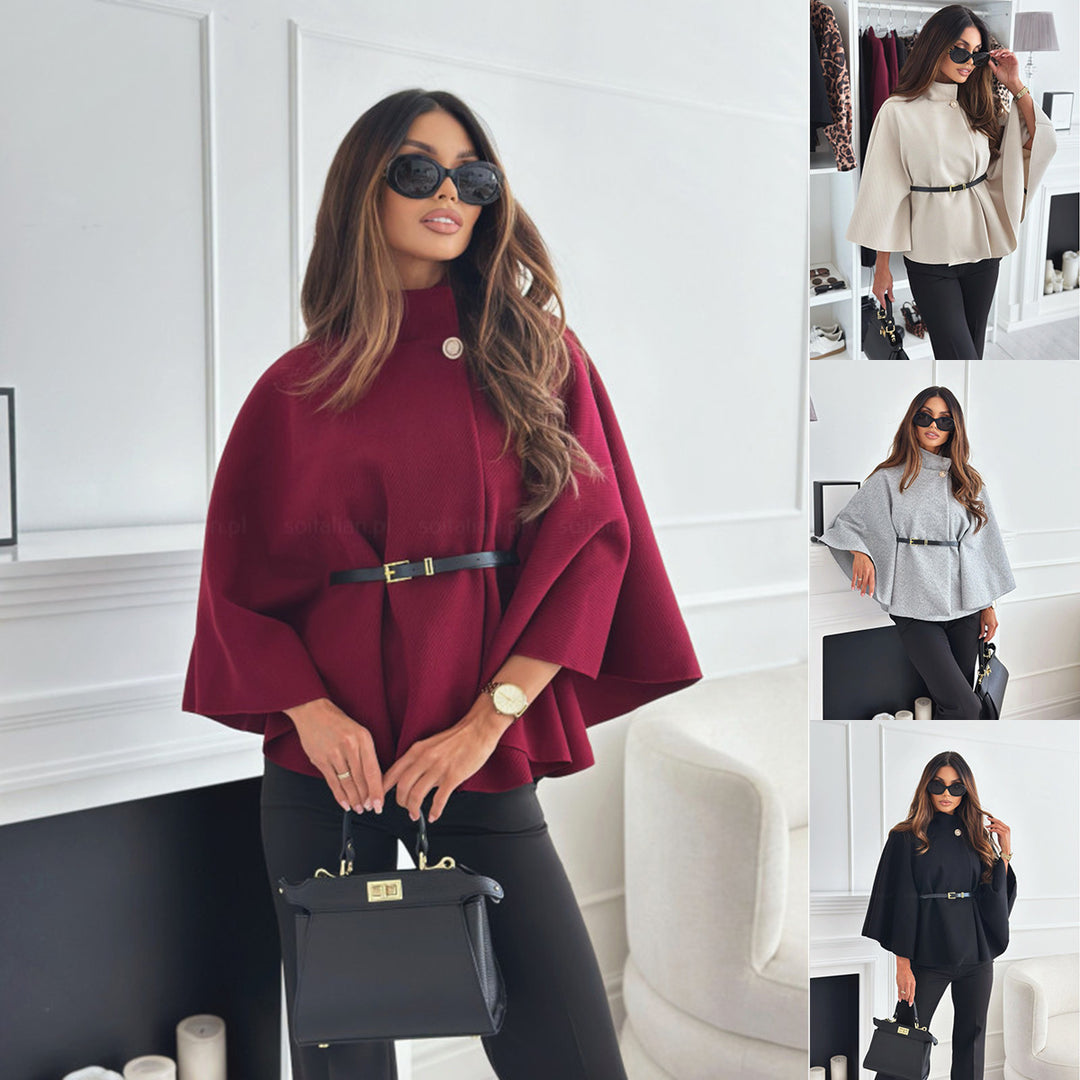 Dame elegant og stilfuld kort bluse med bælte og poncho-design Stilla