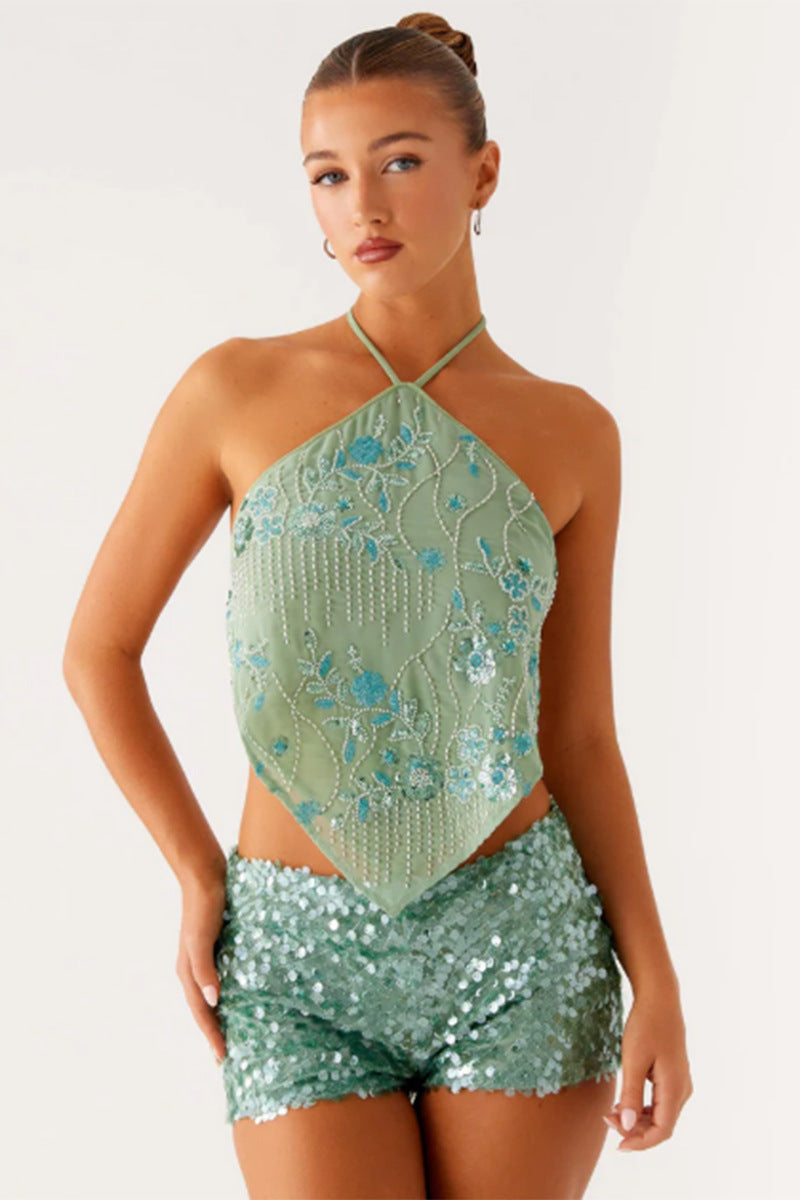 Dame elegant bluse med blomsterdesign og glitrende detaljer Skovae