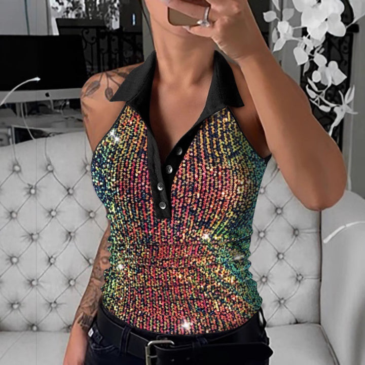 Dame Trendy Poloshirt med glitrende leopardmønster og moderne krave Stilla