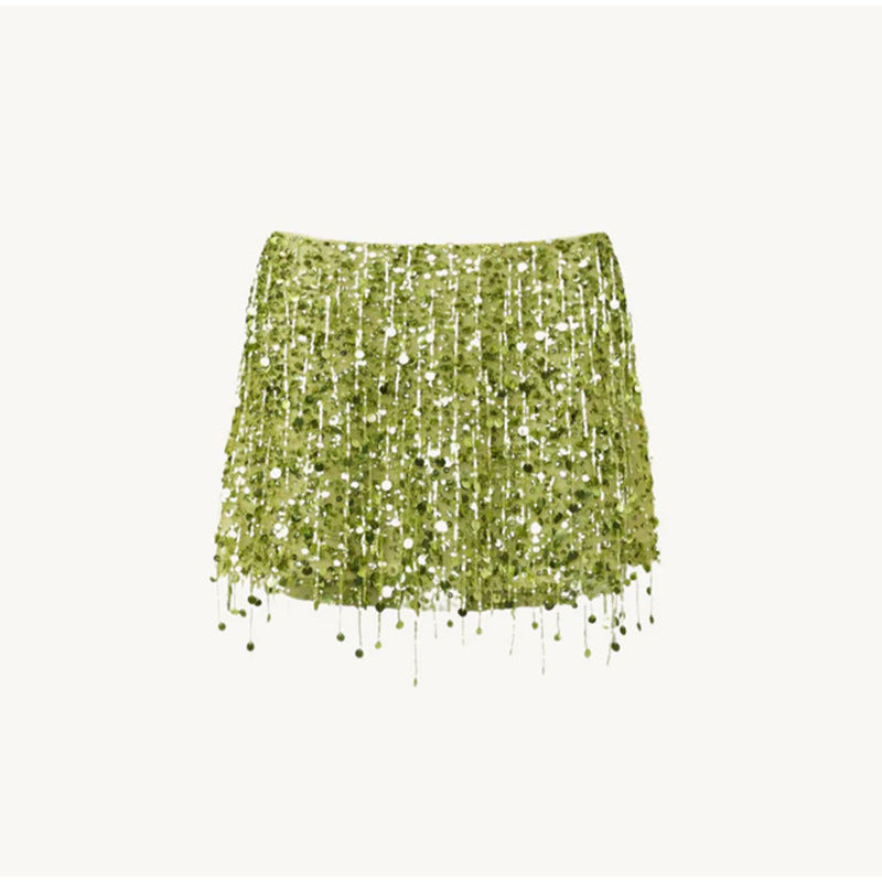 Dame Glitrende Crop-Top og Mini Skirt Sæt med Frynser Skovae