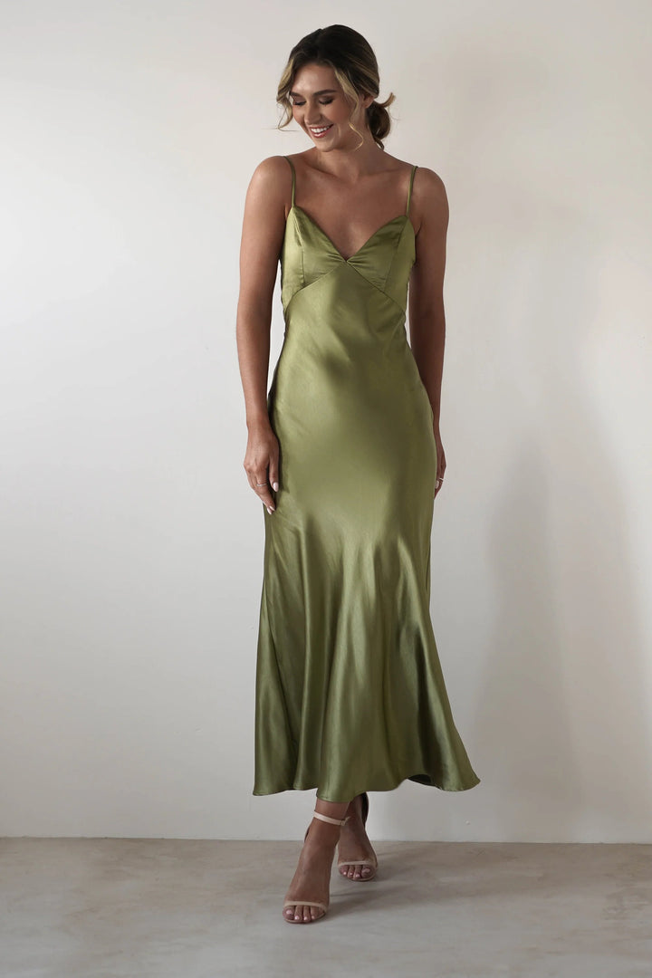 Ladies Satin Maxi Dress in elegant cut with narrow spaghetti straps Skovae