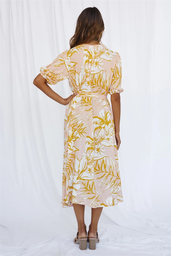 Femme Elegante Floral Midi Kjole med Bælte Talje Stilla