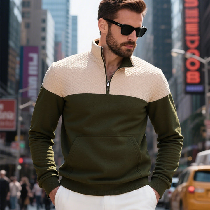 Herren nan quilted skulderpas halvzip sweater med kenguruhåpning og ståkrave Skovae