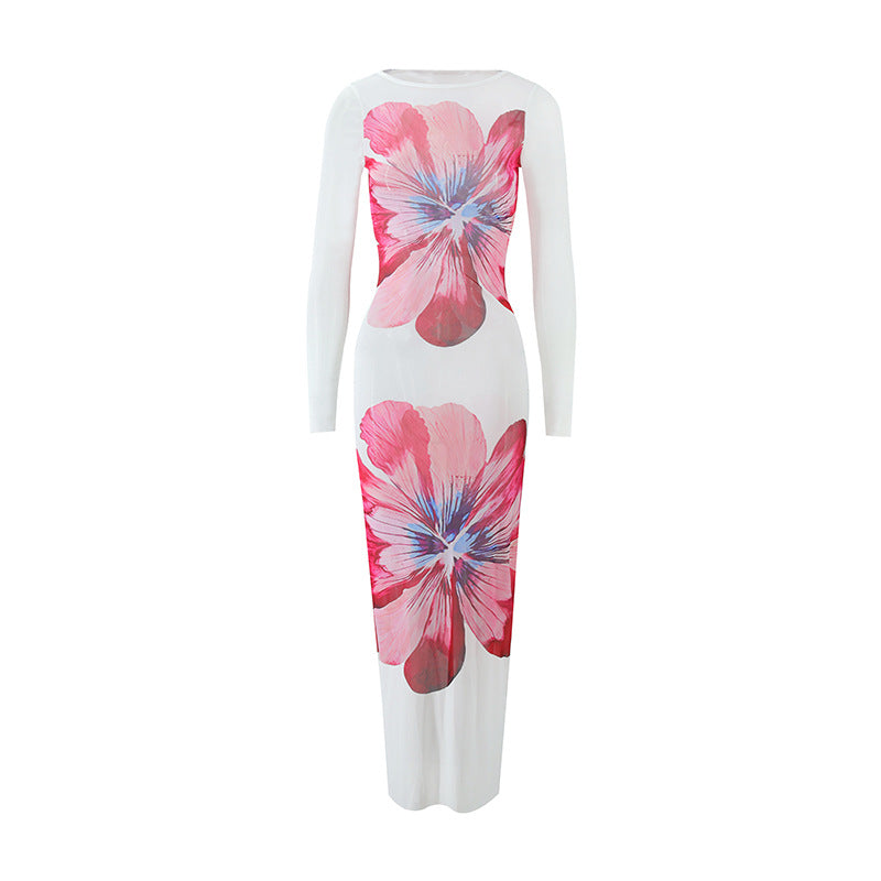 Dame Elegant Maxikjole med blomsterprint og langt ærme Skovae