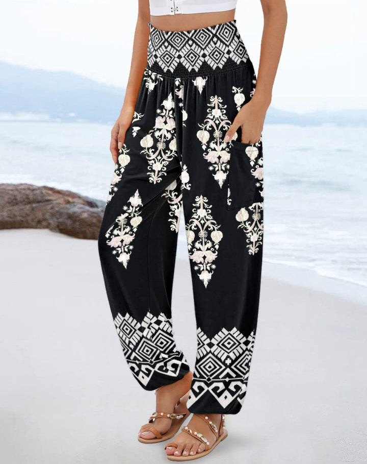 Dame elegant og komfortabel strandbukser med elastisk talje og farverigt paisley-mønster Stilla