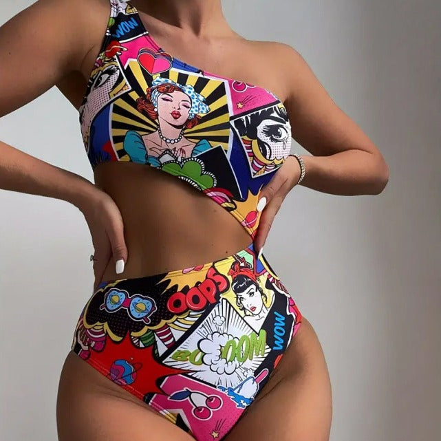 Dame Farverig trykt Bikini med asymmetrisk top og høj talje Stilla
