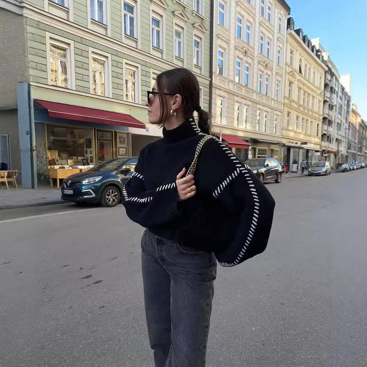 Dame hyggelig sweater med høj krave og struktureret strikkemønster Stilla