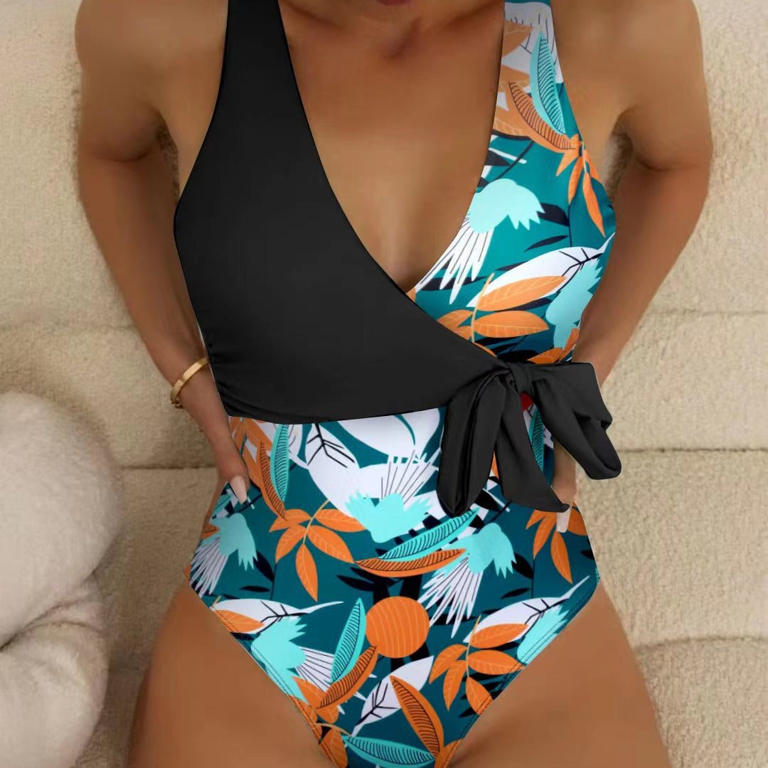 Dame Højtaljet Blomsterprint Wrap One-Piece Badedragt med Binding Detalje Stilla