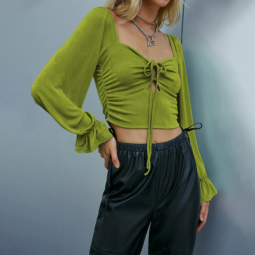 Kvinder cropped langærmet skjorte med intrikate flæse designs og knytbart detalje Stilla
