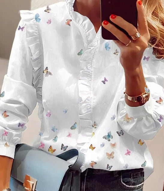 Dame flæse detaljer bluse med sommerfuglemotiv Stilla