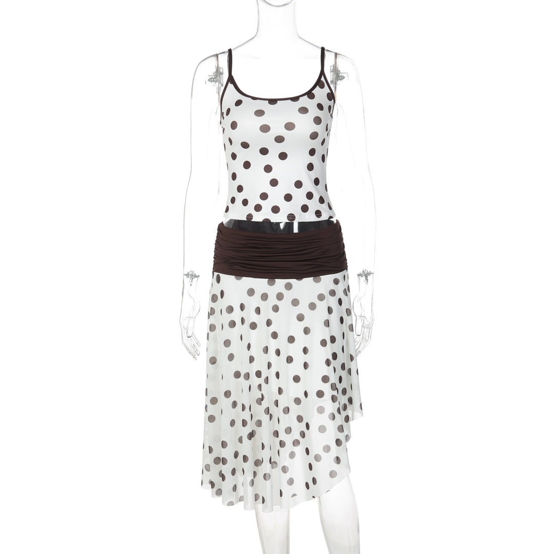 Dame Legende Polka Dot Kjole med Rysjedetaljer og Elastisk Taljebånd Skovae