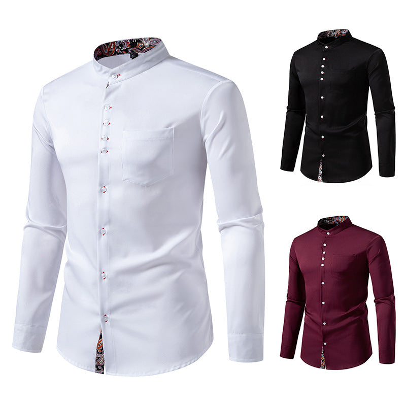 Herrer Elegant Mandarin-krave Skjorte med Paisley-detaljer Stilla