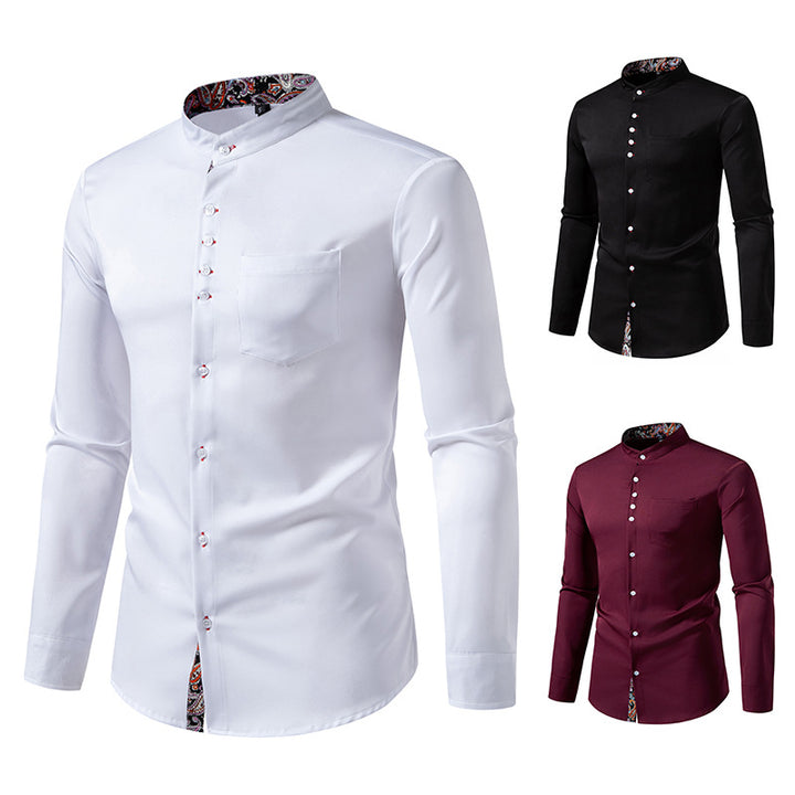Herrer Elegant Mandarin-krave Skjorte med Paisley-detaljer Stilla