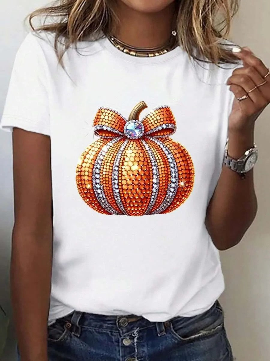 Dame T-shirt med stilfuldt græskar-motiv og spændende dyreprint Skovae