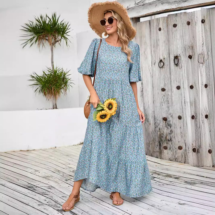 Kvinder Bohemian Maxi Kjole med Puffærmer Stilla