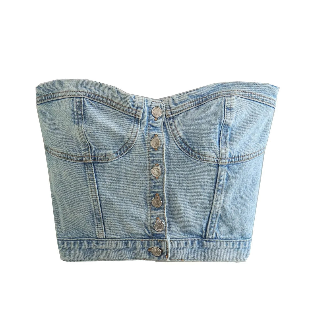 Dame Denim-Crop-Top med strikket overtræk Skovae