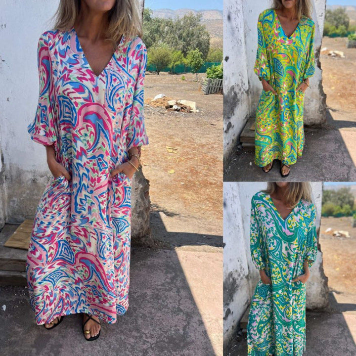 Stilla | Elegant Trykt Casual V-Hals Lang Kjole