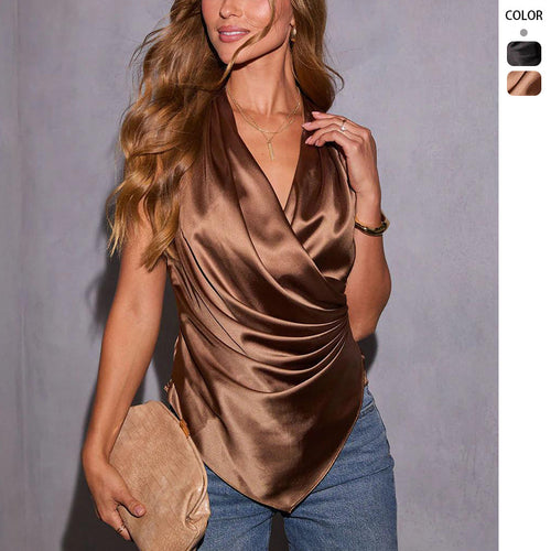 Dame satin dækker bluse med elegant V-udskæring og rynket design