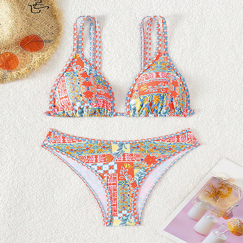 Dame Triangel-Bikini med kreativt blomsterdesign og justerbare stropper Skovae