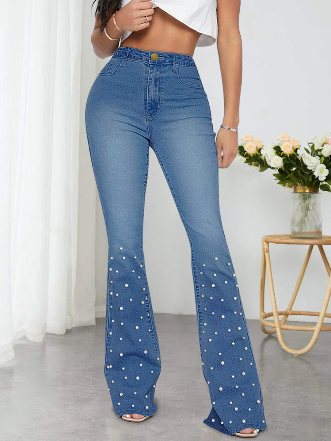 Dame Bootcut Jeans med perlebesatte dekorationer Stilla