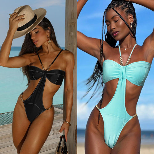 Dame Bikini-sæt med moderigtigt cut-out design og raffineret kædeaccent Stilla