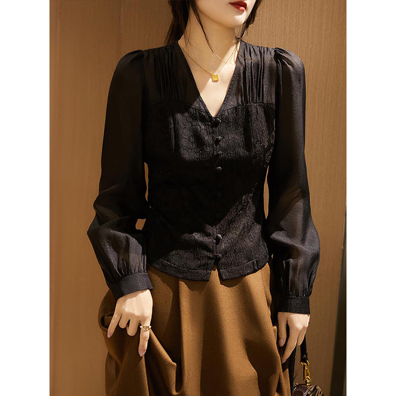 Damer elegant bluse med drapering og fine spidsede accenter Stilla