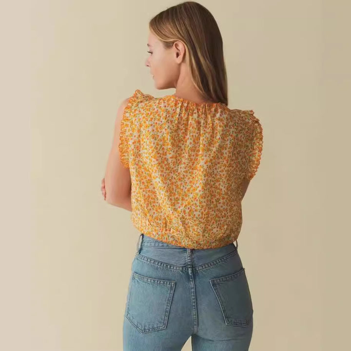 Dame Crop-Top med legesyge flæsedetaljer og blomstret design Stilla