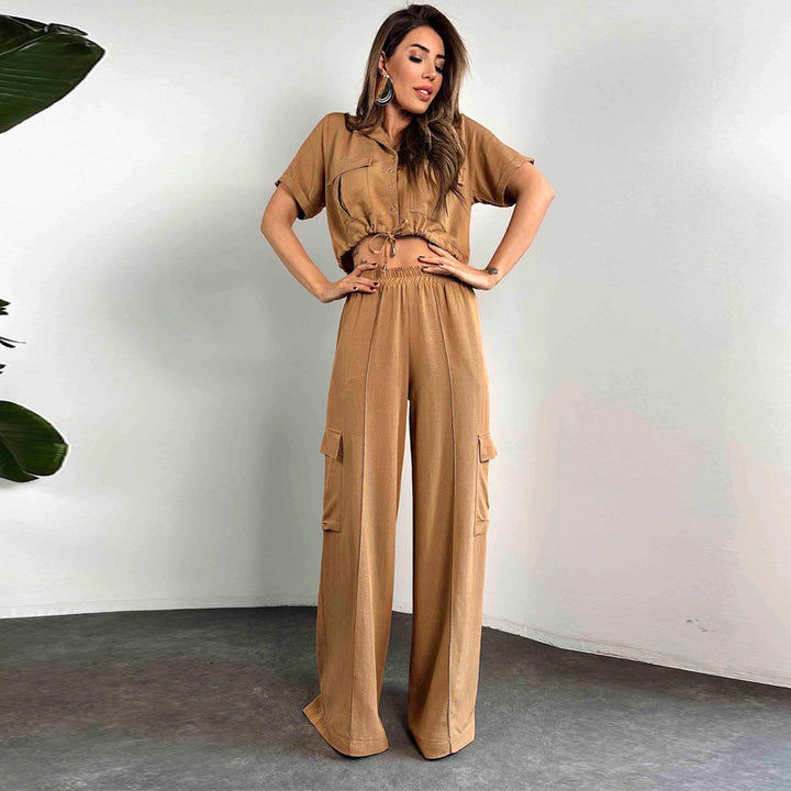 Dame Mode To-delt Sæt med vide Benstriber og cropped Bluse Stilla