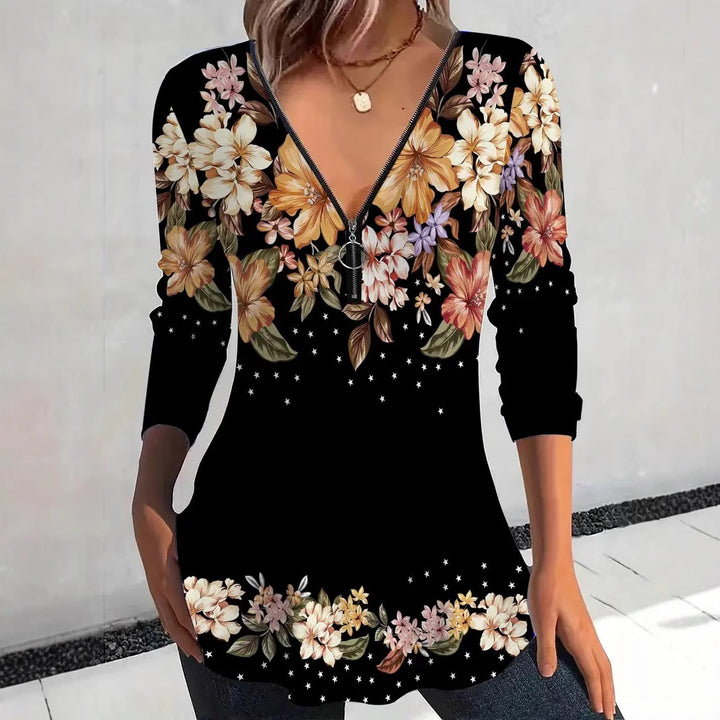 Damebluse med blomsterdesign og V-udskæring Stilla