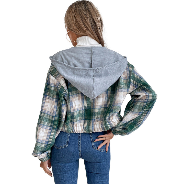 Kvinders cropped flannel jakke med hætte og moderne ternet mønster Stilla