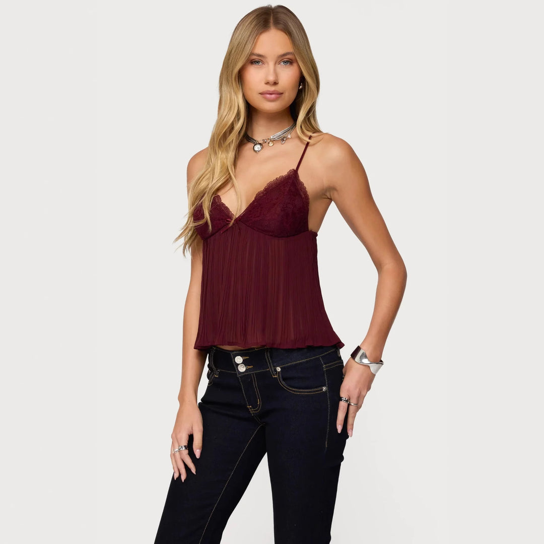 Damer Chiffon Top med spidspunkter og plisseret design Skovae