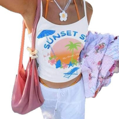 Dame tanktop med kreativt sommermotiv og afslappet snit Skovae