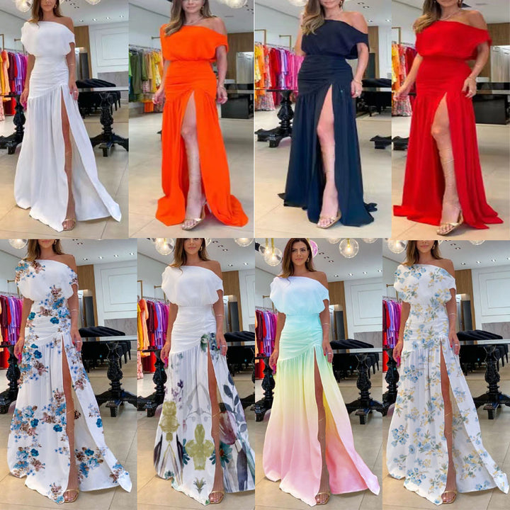 Dame Langærmet kjole med sidelængde og off-shoulder design Skovae