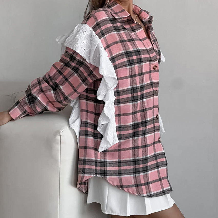 Dame Oversized Karoshirt med voluminøse ruffleærmer Stilla