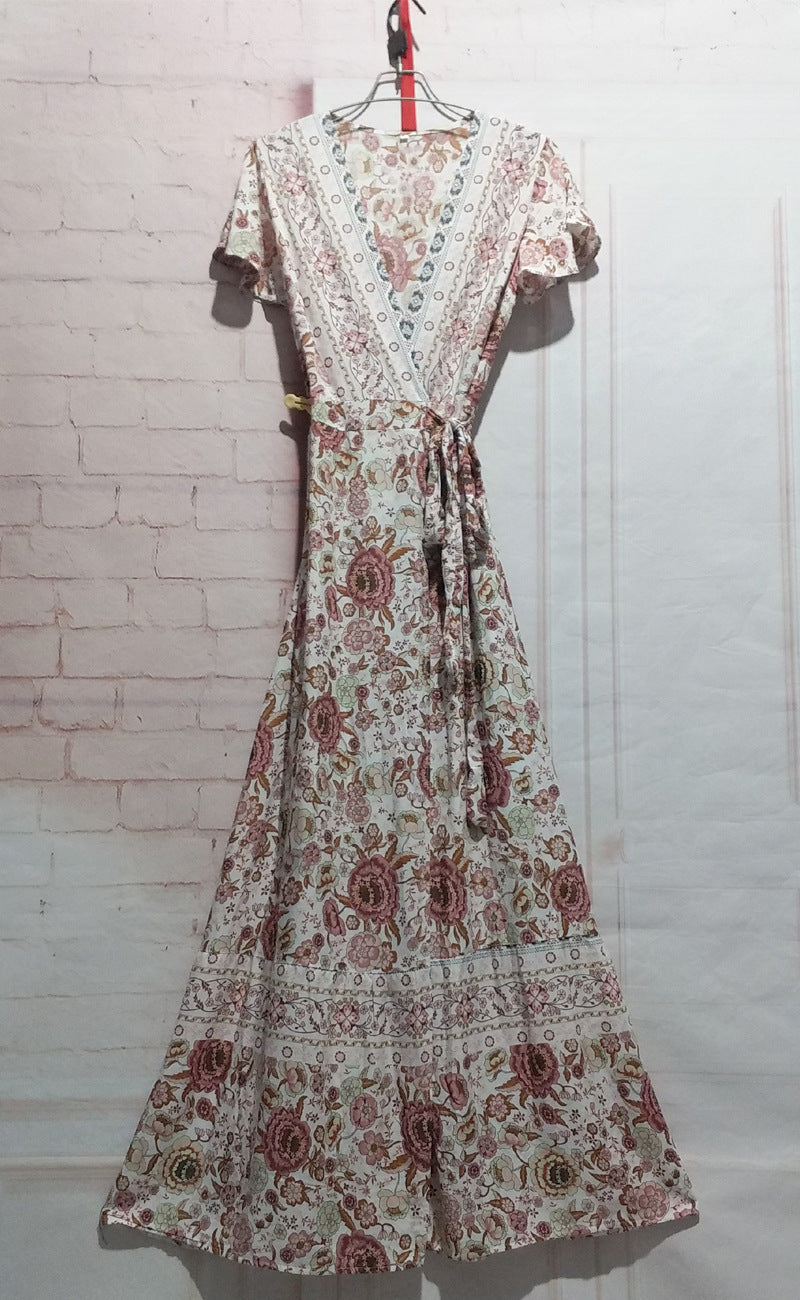 Dame Bohemian Floral Viskestykke Maxi Kjole med Rynket Ærme Stilla