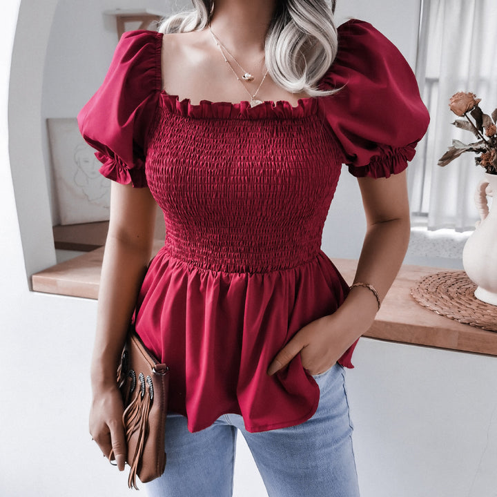 Dame puffærme bluse med flæsedetaljer og elastisk bund Stilla