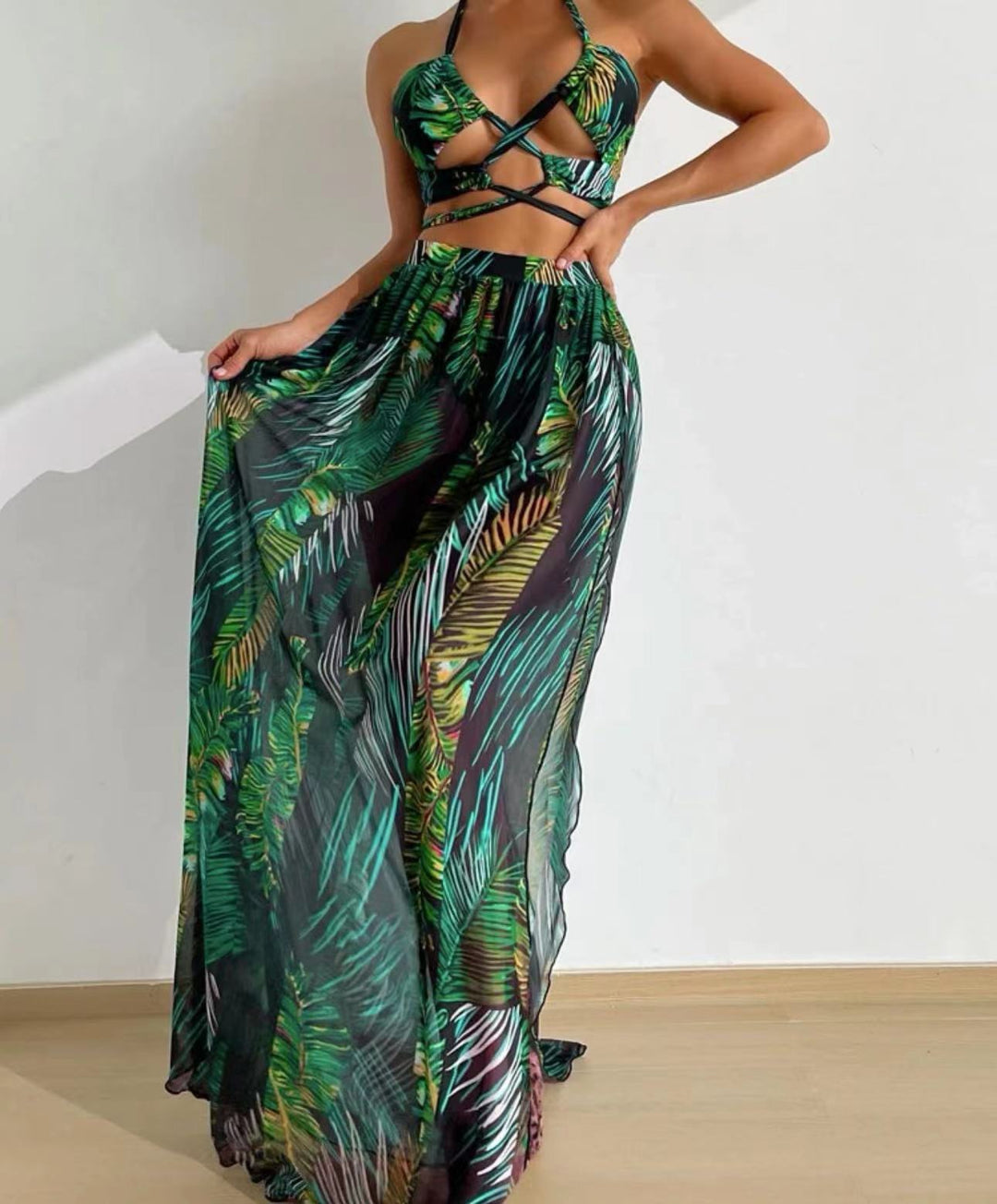 Dame Tropisk Print Maxi Kjole Sæt med Cut-Out Top Stilla