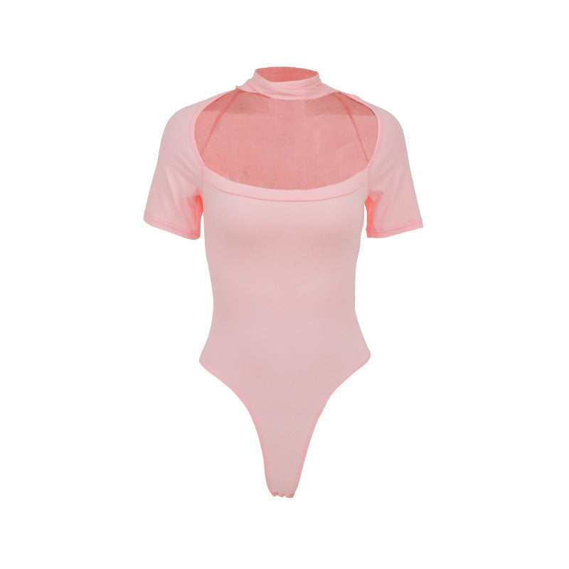 Dame Højhalset Body-top med transparent net-materiale og korte ærmer Skovae