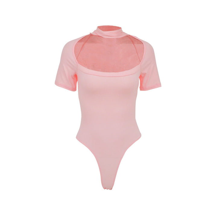 Dame Højhalset Body-top med transparent net-materiale og korte ærmer Skovae