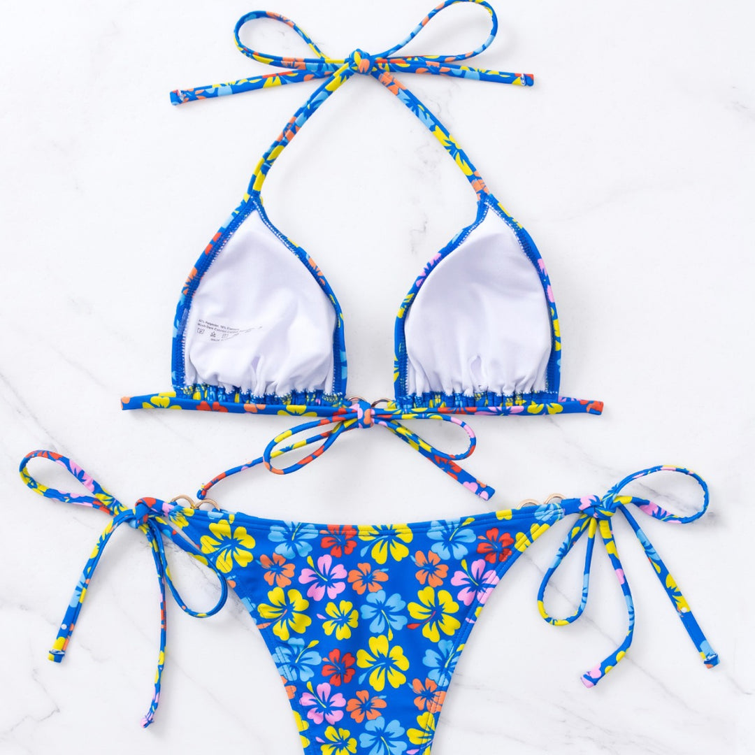 Dame triangel-bikini med blomsterprint og justerbare snore Skovae